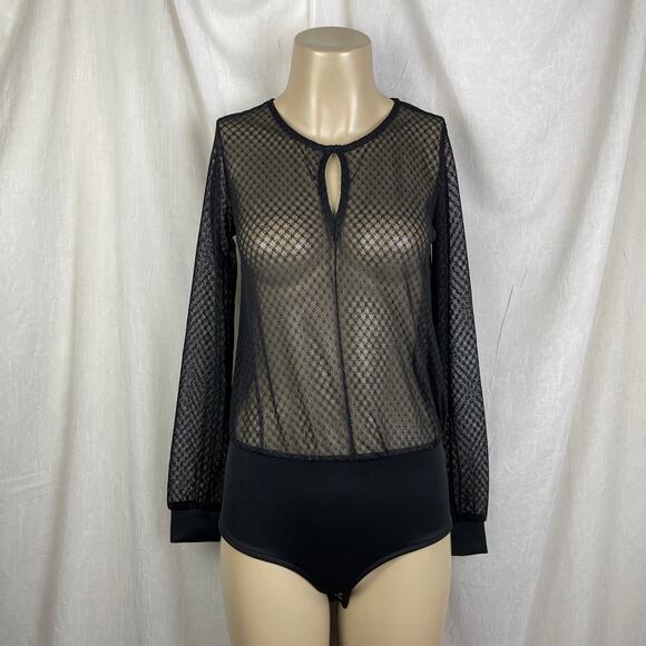 💋 Black Sheer Lattice Crosshatch Lace Bodysuit Long Sleeves Key Hole Forever 21 - Picture 1 of 16